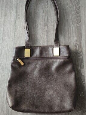 Mondani New York Brown Faux Leather Shoulder Tote Bag Gold Hardware